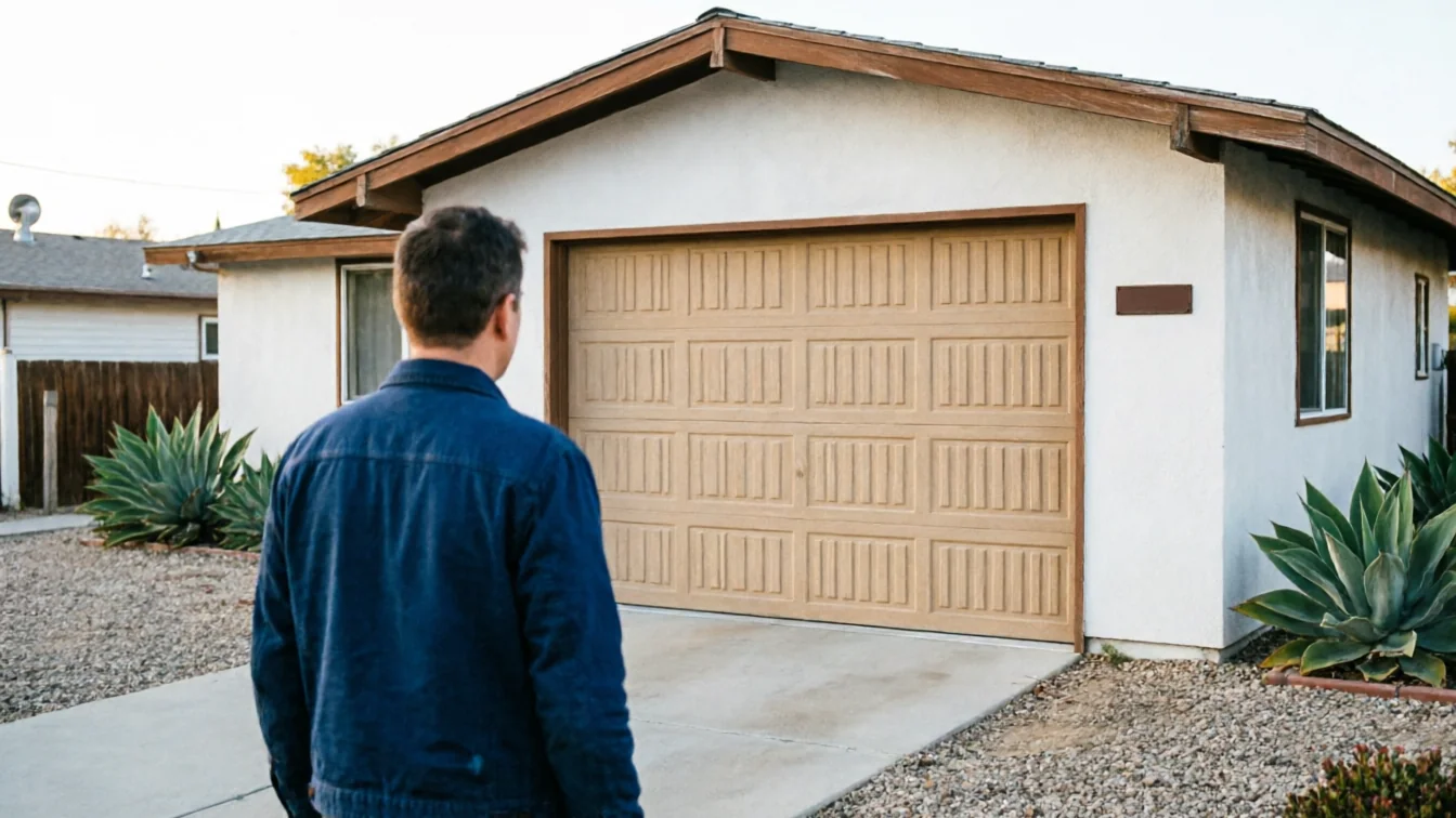A man in a blue jacket stands facing a tan garage door on a white house.