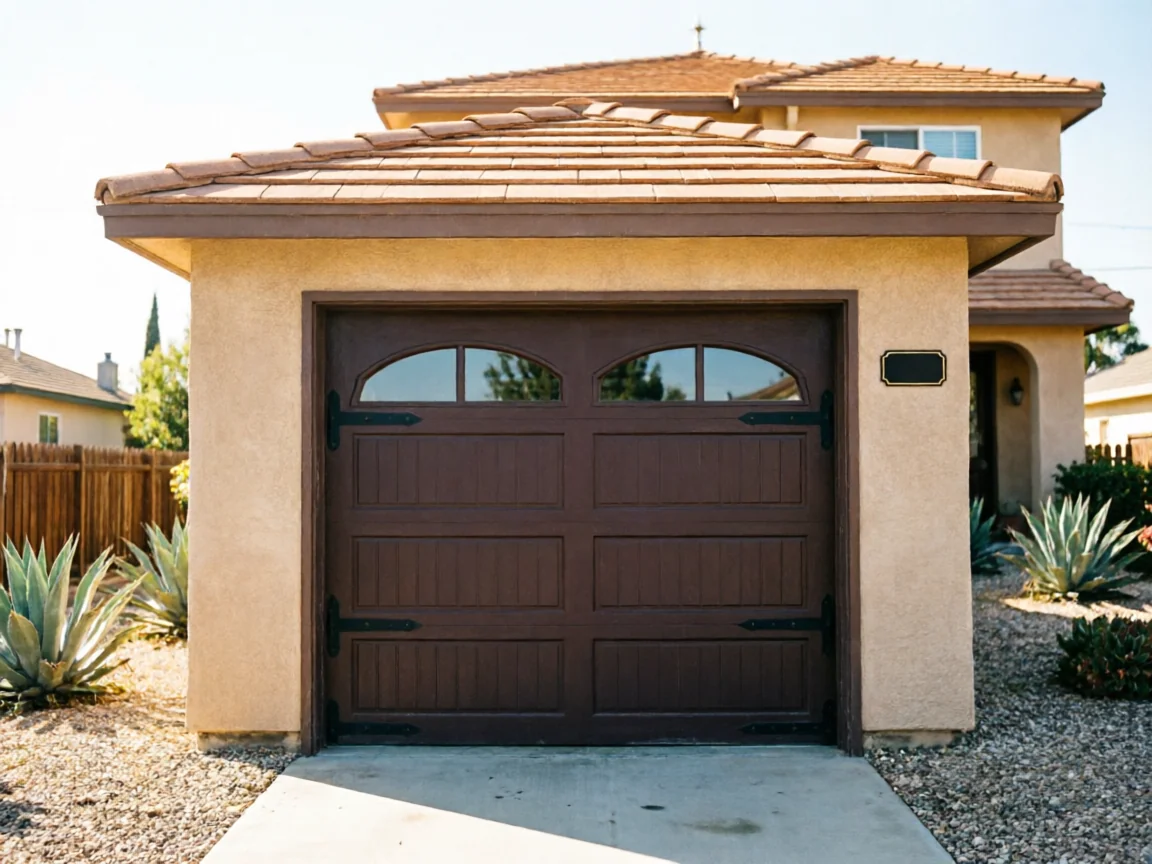 The brown garage door has decorative black hinges and arched windows.