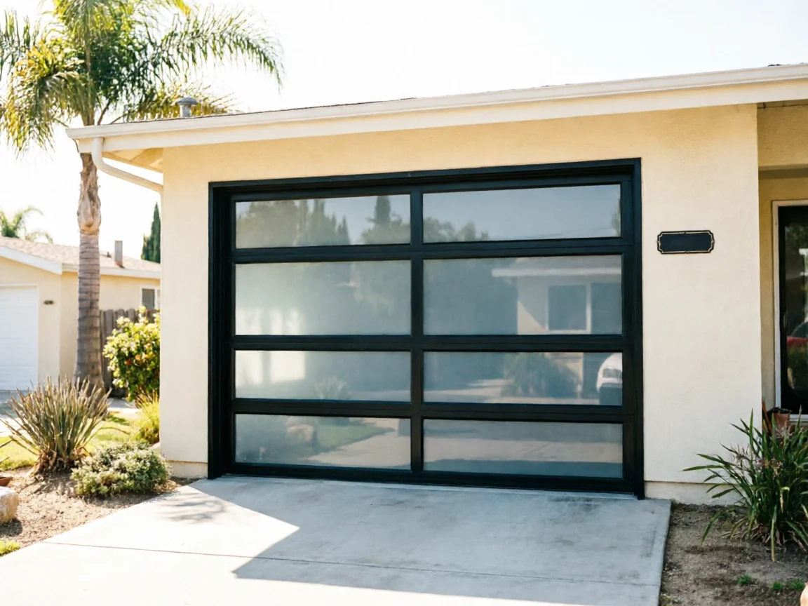 The house has a modern black garage door with frosted glass panels.