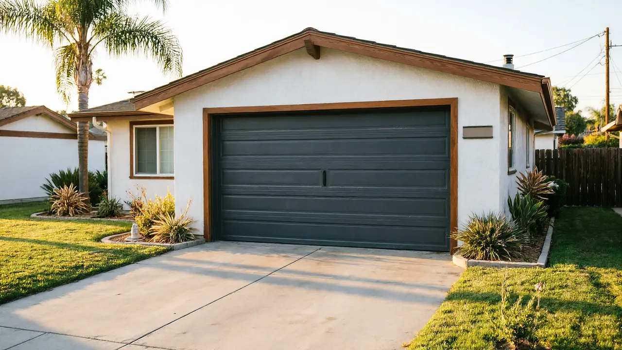 The house has a dark gray garage door, a white exterior, and a brown trim.