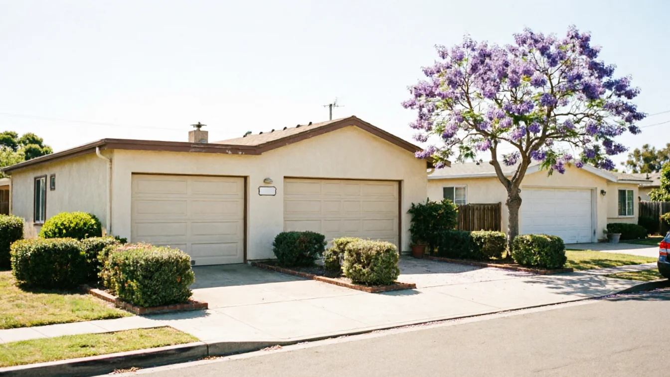 Two houses with three garage doors are visible from the street.