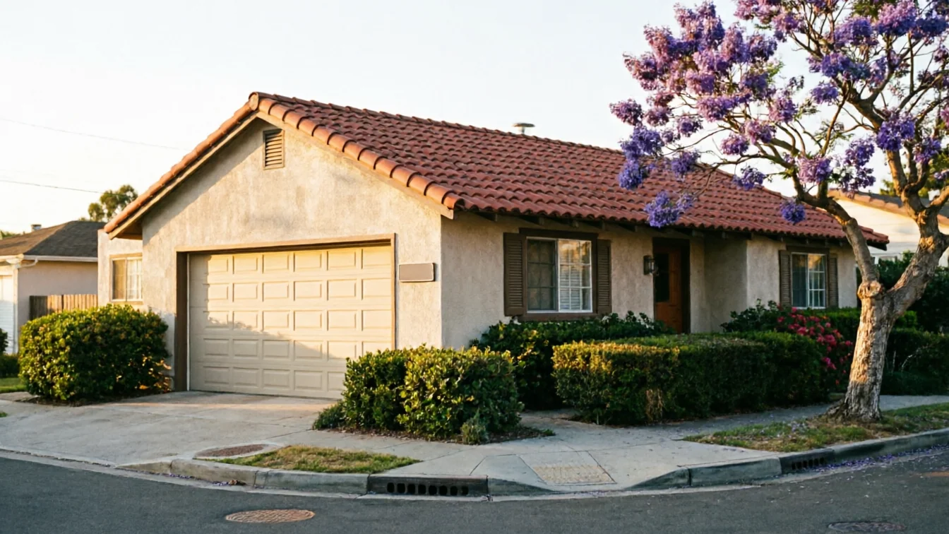 A house with a tan garage door and a red tile roof.