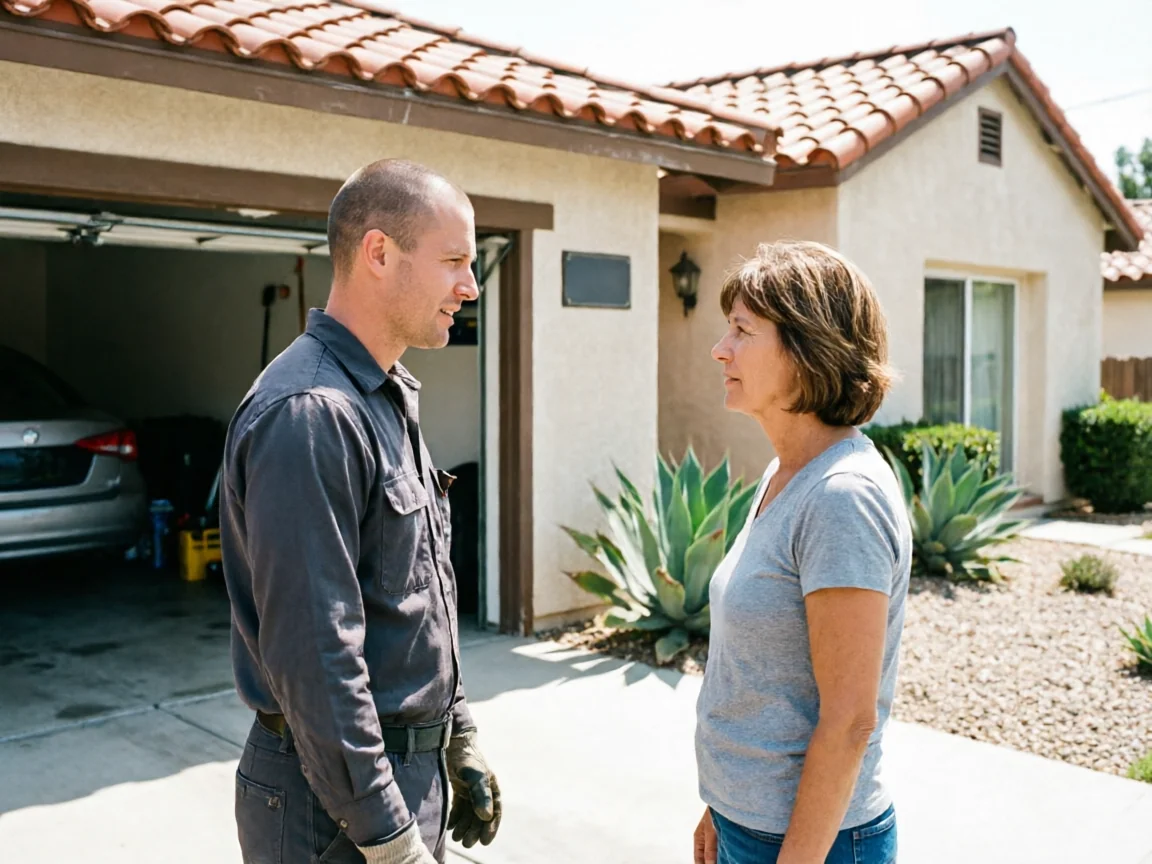 A technician talks to a woman in front of a house with an open garage.