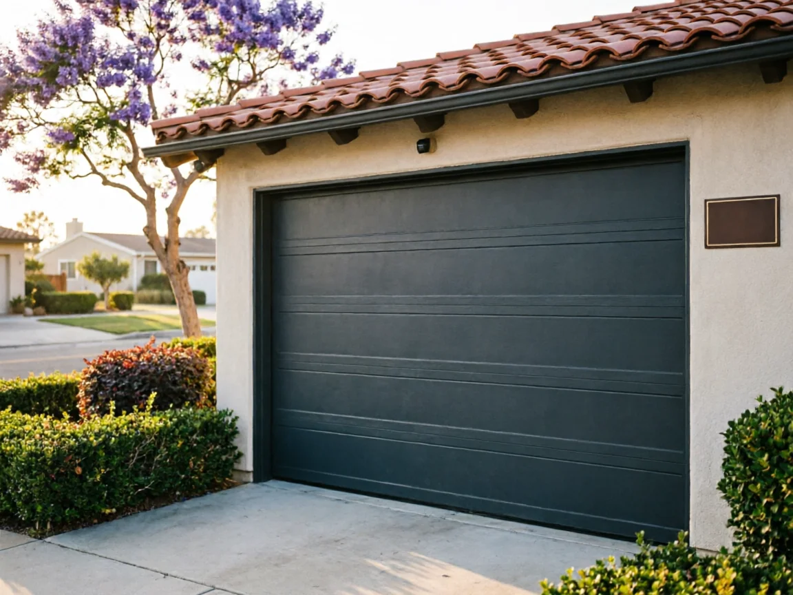 A dark gray garage door is on a stucco house with a red tile roof.