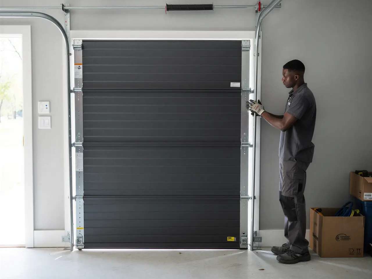 A technician in gloves adjusts a dark gray garage door.