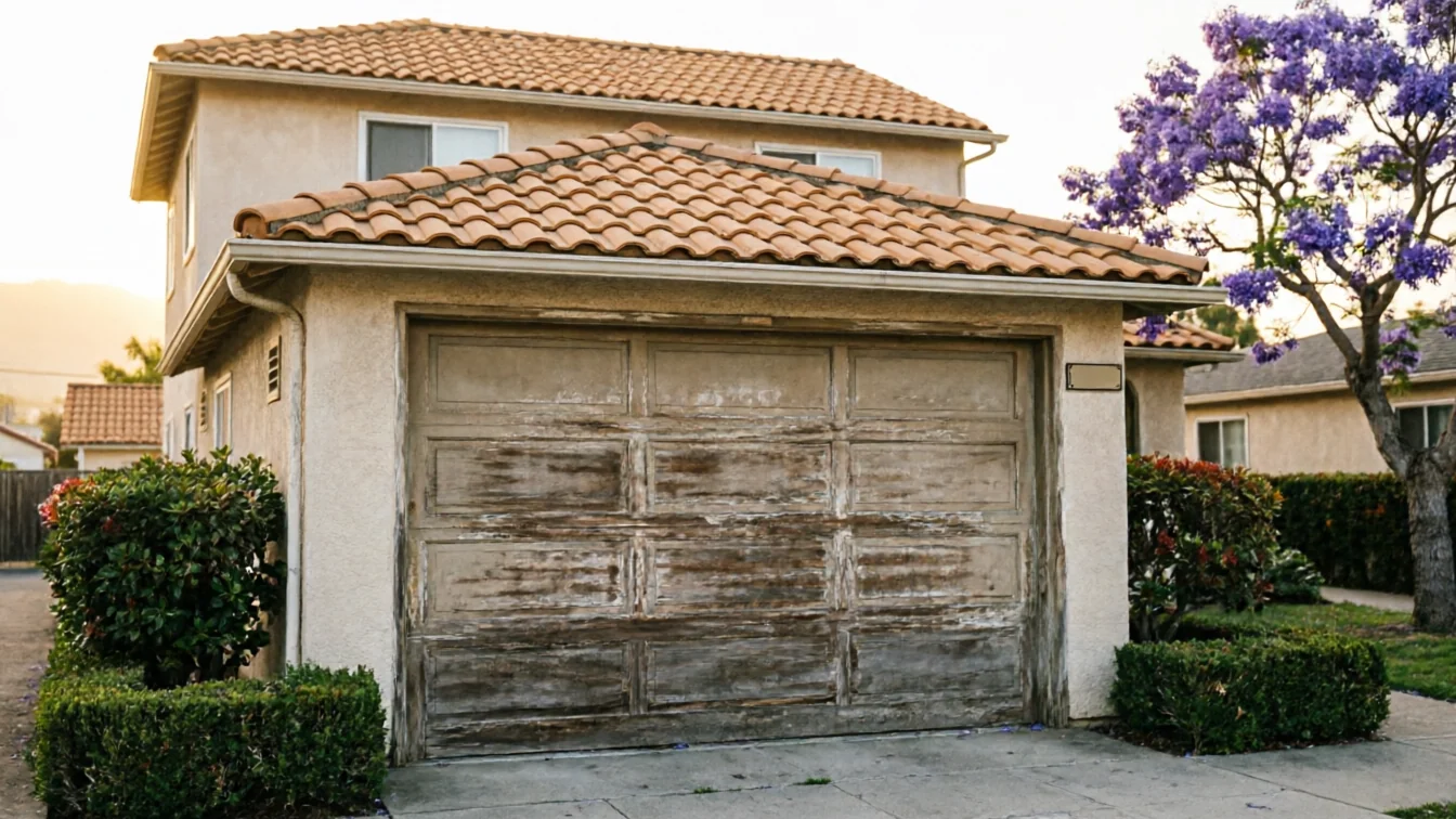 The house has a peeling garage door and a terracotta tile roof.