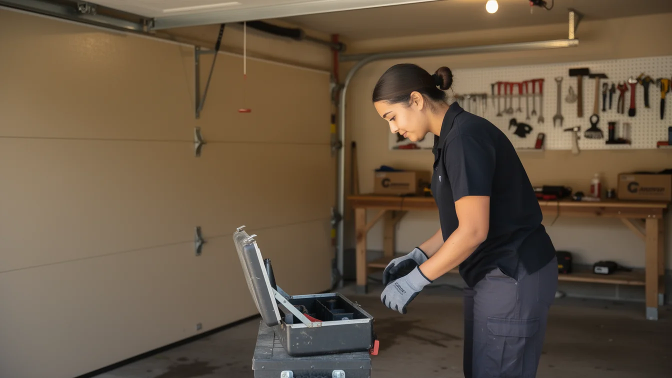 A technician in a black shirt and gray gloves looks into an open toolbox.