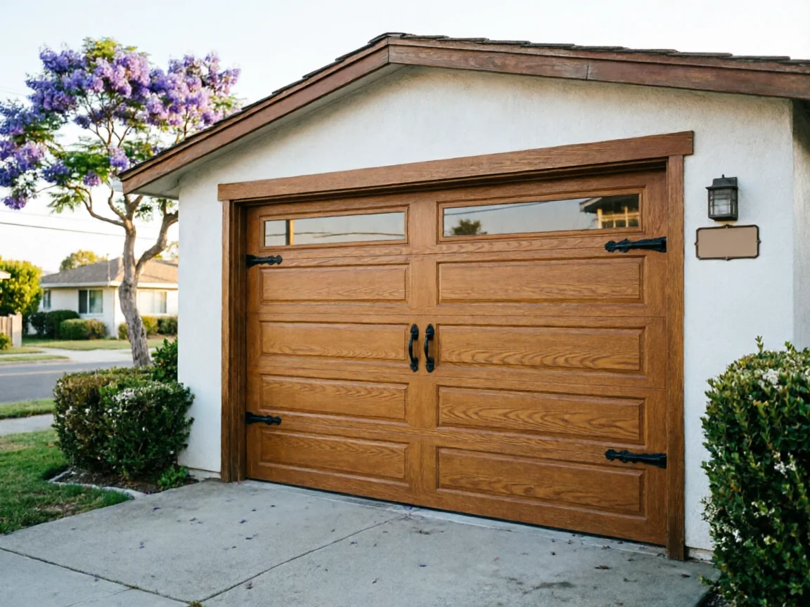 A brown wooden garage door with windows and decorative hardware is on a white house.
